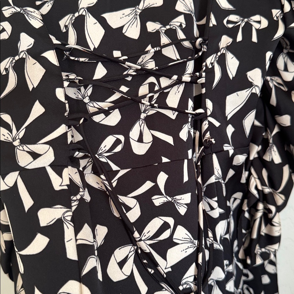 For Love & Lemons Angelica Bow Print Puff Ruched Sleeve Button Front Dress sz M - Picture 5 of 10